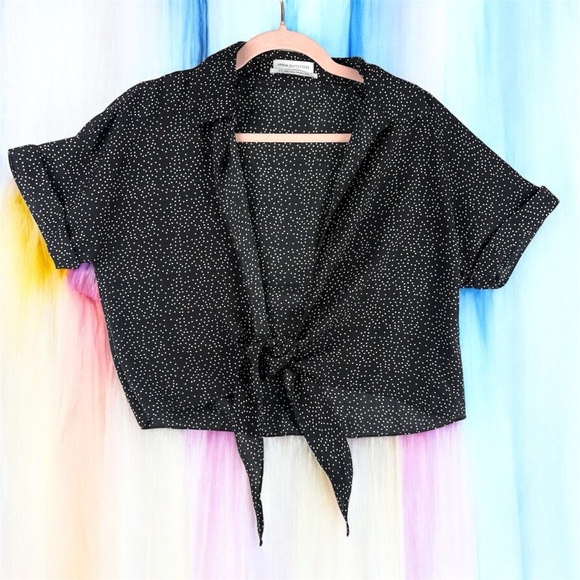 Urban Outfitters Tops - Urban Outfitters Sheer Black Polka Dot Tie-Front Top Rolled Sleeves Crop Top S